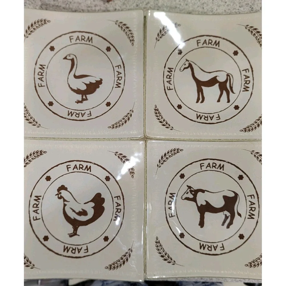 Square Glass Farm Plates Chicken Horse Cow Goose Set of 4 New Handmade In Turkey